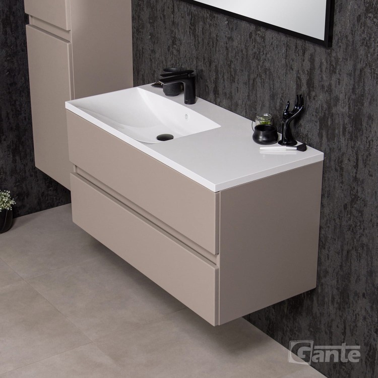 szafka do łazienki z szufladami fume mat 100 cm beżowy kaszmir 2 szuflady bez uchwytów kolekcja Esto umywalka z blatem odstawczym (4).jpg