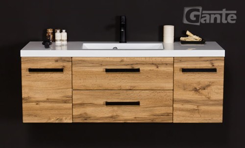 szafka łazienkowa w stylu loft o szerokości 120 cm z czarnymi uchwytami kolor dąb naturalny i biała umywalka z blatemi po bokach kolekcvja Fokus Loft (2).jpg