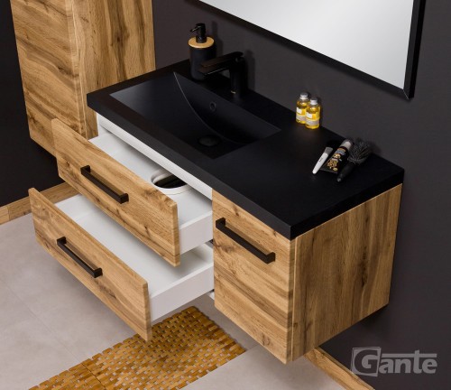 szafka do łazienki w stylu loft szerokośc 90 cm z czarną matową umywalką