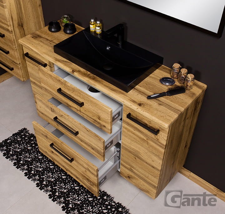 Szafka do łazienki z blatem dekor dąb naturalny szerokość 120 cm czarna matowa umywalka nablatowa liv