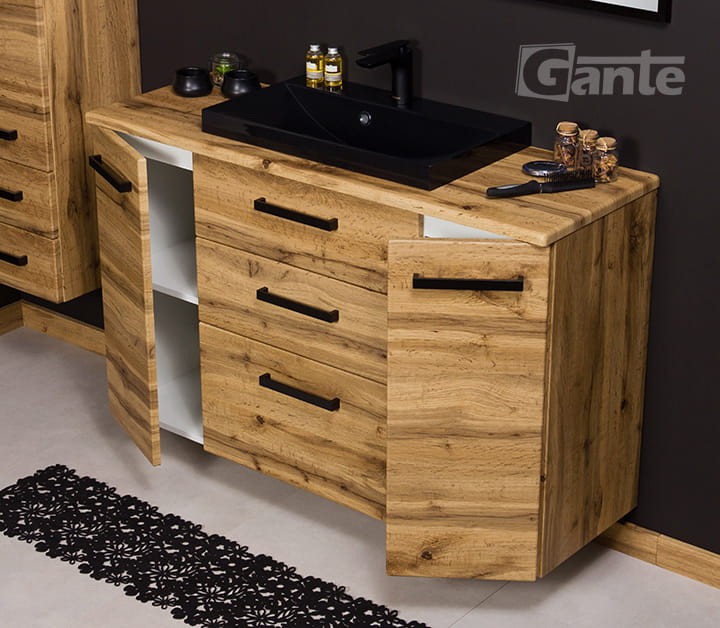 Szafka do łazienki z blatem dekor dąb naturalny szerokość 120 cm czarna matowa umywalka nablatowa liv (5).jpg