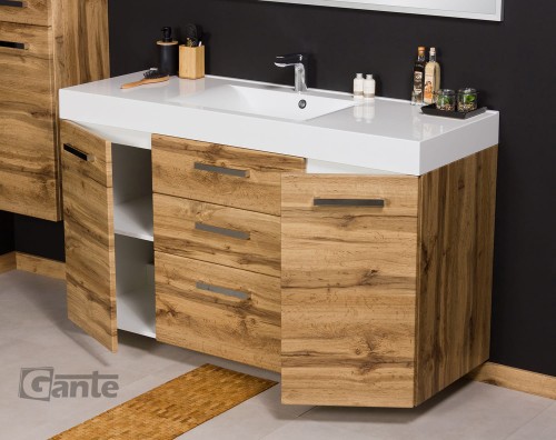 wiszaca szafka łazienkowa 3 szuflady pojedyncza umywalka 140 cm  głębokość 50 cm dekor dąb naturalny