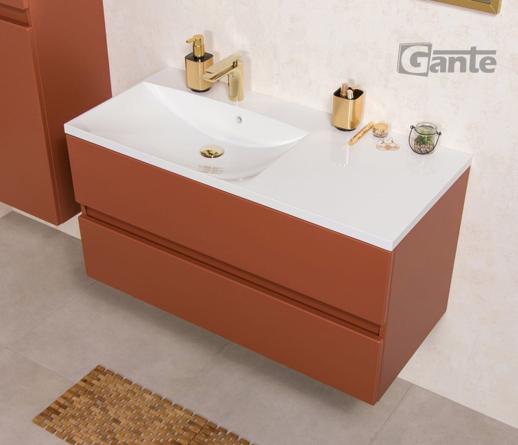 pomarańczowa szafka do łazienki 100 cm kolor ceglasty 2 szuflady umywalka z bocznym blatem (4).jpg
