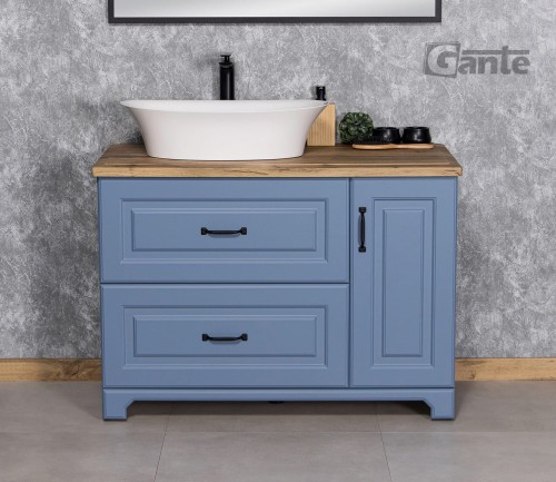 piękna szafka do łazienki w angielskim stylu w niebieskim kolorze z blatem w dekorze dębu i umywalka nablatową 100 cm (2).jpg