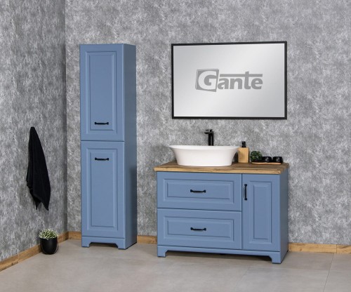 piękna szafka do łazienki w angielskim stylu w niebieskim kolorze z blatem w dekorze dębu i umywalka nablatową 100 cm.jpg