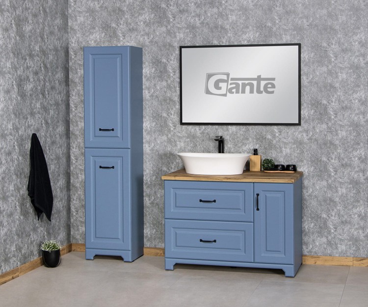 piękna szafka do łazienki w angielskim stylu w niebieskim kolorze z blatem w dekorze dębu i umywalka nablatową 100 cm.jpg