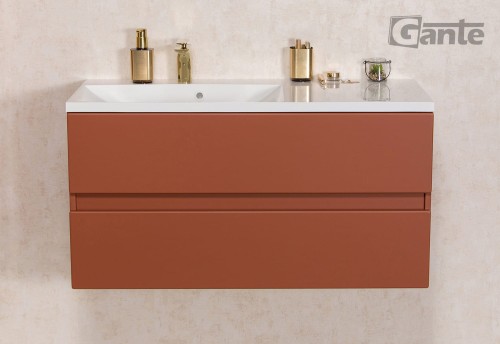pomarańczowa szafka do łazienki 100 cm kolor ceglasty 2 szuflady umywalka z bocznym blatem