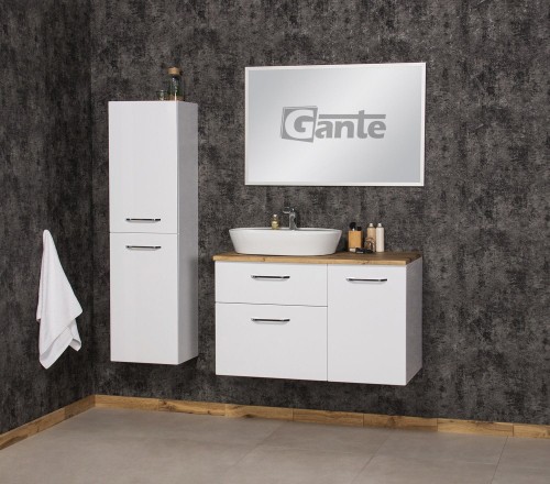 szafka łazienkowa 100 cm z blatem do umywalki nablatowej z szufladami i koszem na bieliznę kolor szafki biały kolor blatu dekordąb naturalny