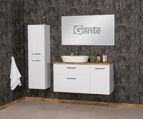 szafka łazienklowa z szufladami i koszem na pranie blat drewno dąb i umywalka nablatowa kolekcja Setto Modulo