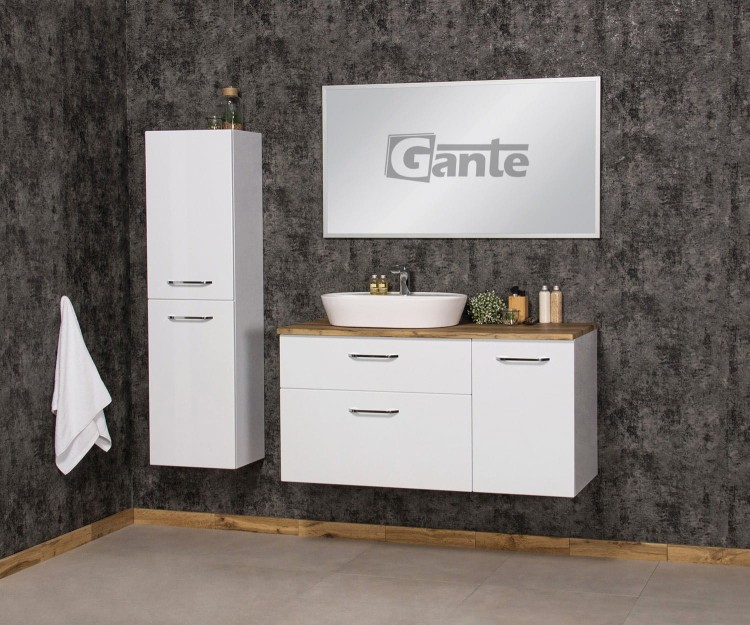 szafka łazienklowa z szufladami i koszem na pranie blat drewno dąb i umywalka nablatowa kolekcja Setto Modulo