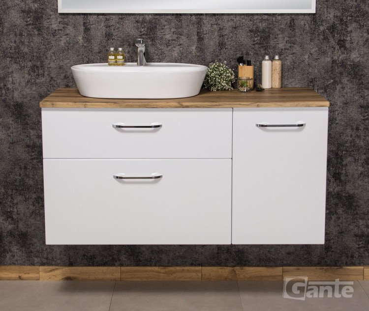 szafka łazienklowa z szufladami i koszem na pranie blat drewno dąb i umywalka nablatowa kolekcja Setto Modulo