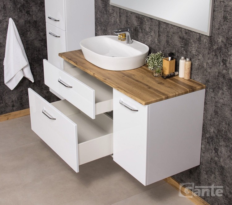 szafka łazienklowa z szufladami i koszem na pranie blat drewno dąb i umywalka nablatowa kolekcja Setto Modulo