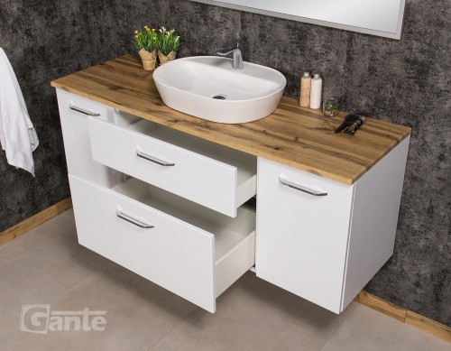 biała szafka lazienkowa z blatem dekor dąb naturalny 160 cm z koszem na bieliznę (4)-min.jpg