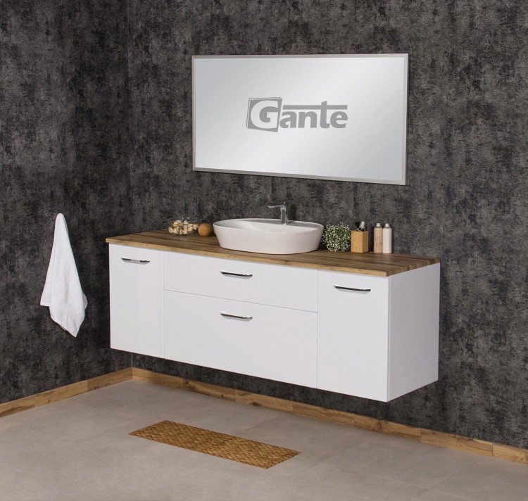 biała szafka lazienkowa z blatem dekor dąb naturalny 180 cm z koszem na bieliznę