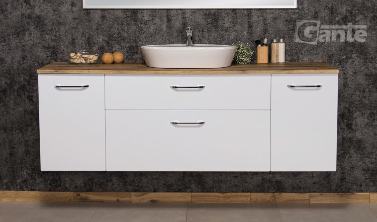 biała szafka lazienkowa z blatem dekor dąb naturalny 180 cm z koszem na bieliznę