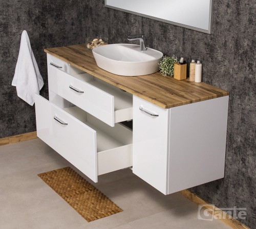 biała szafka lazienkowa z blatem dekor dąb naturalny 180 cm z koszem na bieliznę