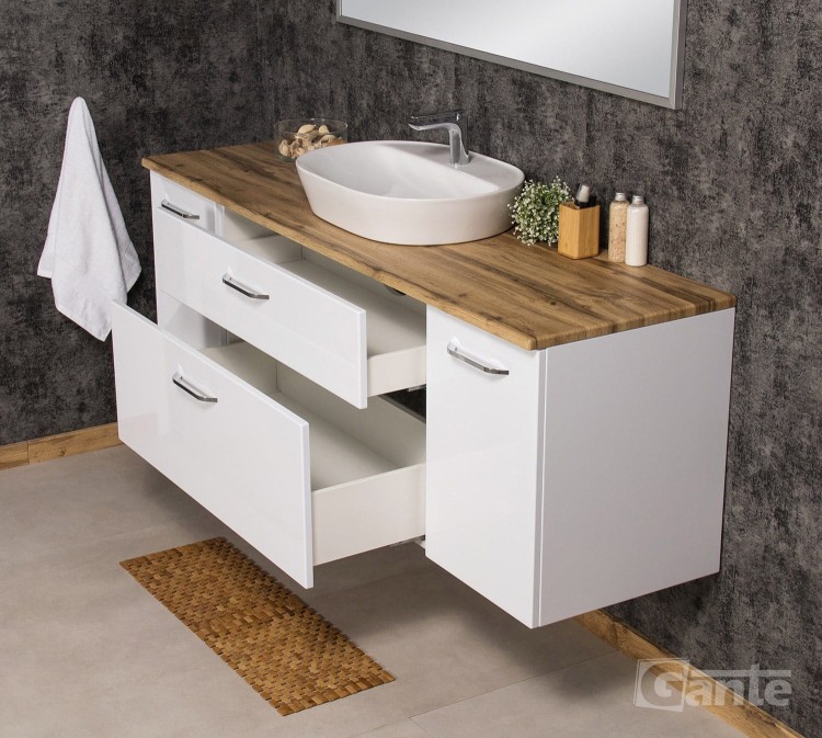 biała szafka lazienkowa z blatem dekor dąb naturalny 180 cm z koszem na bieliznę