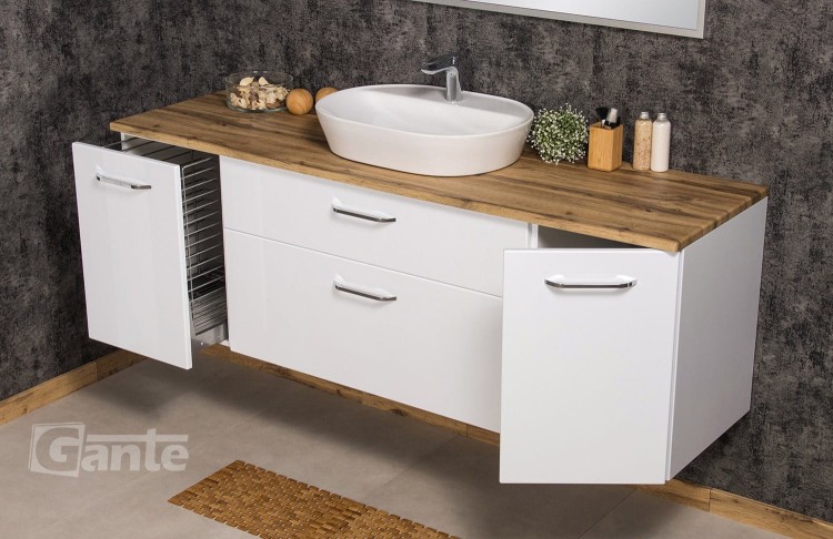 biała szafka lazienkowa z blatem dekor dąb naturalny 180 cm z koszem na bieliznę