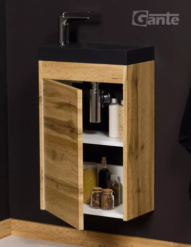 czarna matowa umywalka do łazienki z szafką kolor dąb naturalny szerokość 40 cm