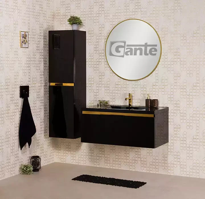 czarna szafka do łazienki 100 cm z czarna umywalką złote dodatki kolekcja Diamond Gold (3).webp