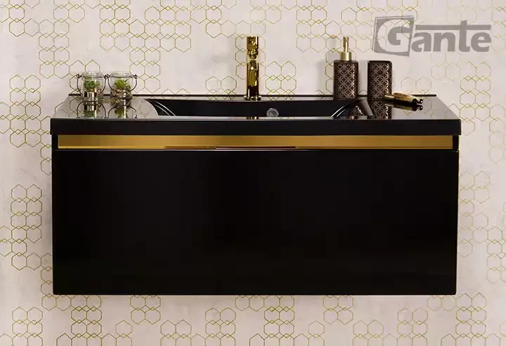 czarna szafka do łazienki 100 cm z czarna umywalką złote dodatki kolekcja Diamond Gold (4).webp