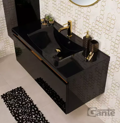 czarna szafka do łazienki 100 cm z czarna umywalką złote dodatki kolekcja Diamond Gold (5).webp