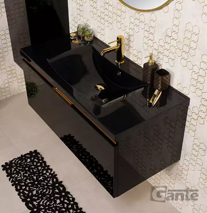 czarna szafka do łazienki 100 cm z czarna umywalką złote dodatki kolekcja Diamond Gold (5).webp