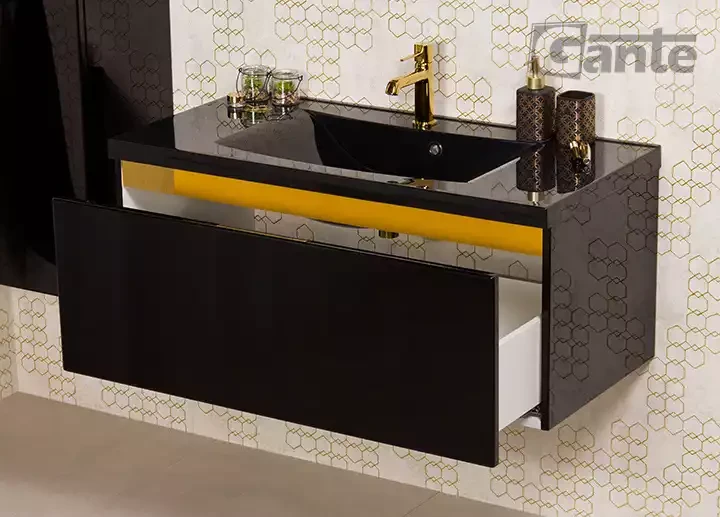 czarna szafka do łazienki 100 cm z czarna umywalką złote dodatki kolekcja Diamond Gold (6).webp