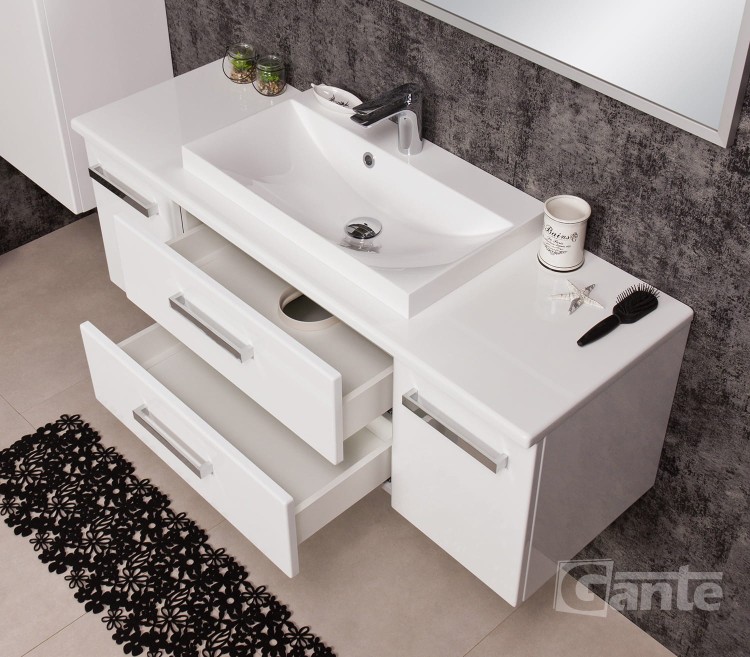 Szafka pod umywalkę z blatem 120 cm z umywalką nablatową kolekcja mebli łazienkowych Fokus głębokość 39 cm 2 szuflady i 2 szafki boczne