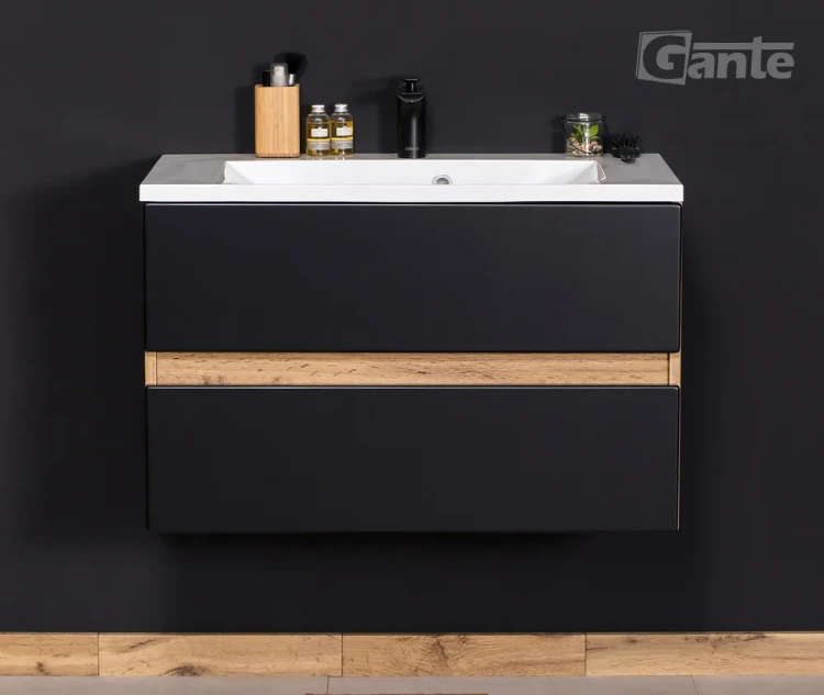 szafka łazienkowa z umywalką czarny mat i drewno 2 szuflady szerokość 80 cm kolekcja Esto