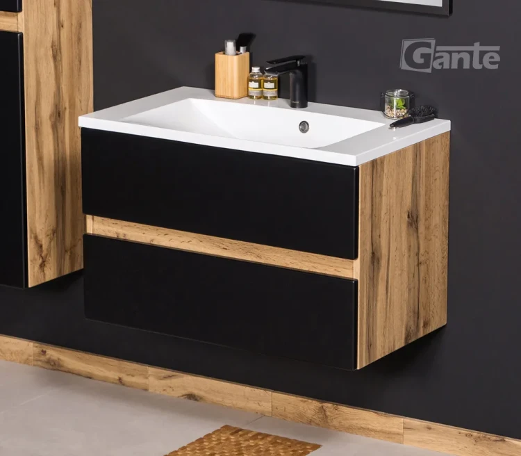 szafka łazienkowa z umywalką czarny mat i drewno 2 szuflady szerokość 80 cm kolekcja Esto