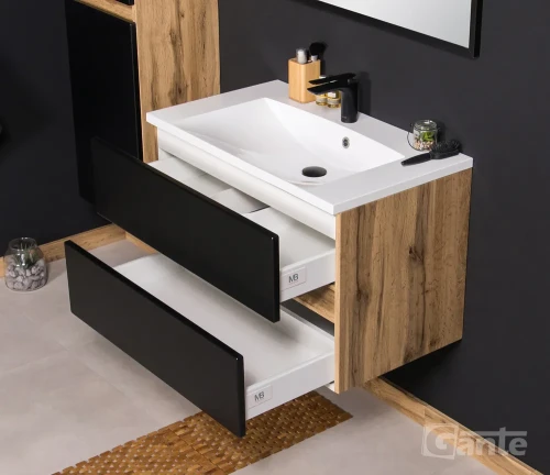 szafka łazienkowa z umywalką czarny mat i drewno 2 szuflady szerokość 80 cm kolekcja Esto