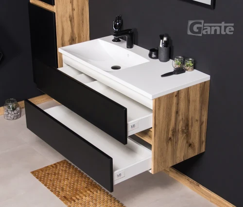 szafka łazienkowa z umywalką czarny mat i drewno 2 szuflady szerokość 100 cm kolekcja Esto (4).webp