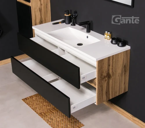 szafka łazienkowa z umywalką czarny mat i drewno 2 szuflady szerokość 120 cm kolekcja Esto szuflady bez uchwytów