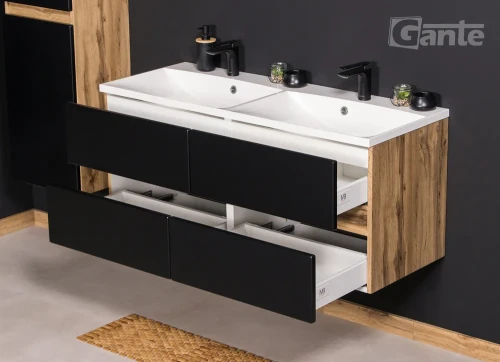 szafka łazienkowa z podwójną umywalką kolor czarny mat i drewno 4 szuflady szerokość 120 cm kolekcja Esto szuflady bez uchwytów (4).webp