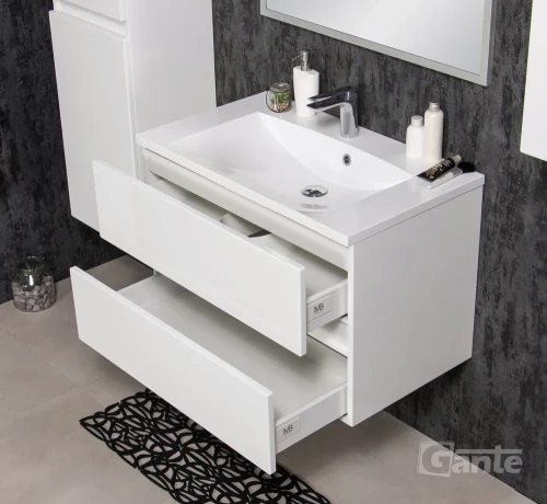 szafka łazienkowa z umywalką 2 szuflady 80 cm biały połysk bez uchwytów kolekcja Esto