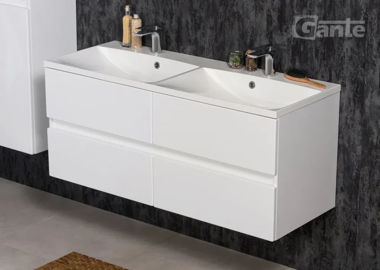 szafka łazienkowa z podwójną umywalką 4 szuflady 120 cm biały połysk bez uchwytów kolekcja Esto