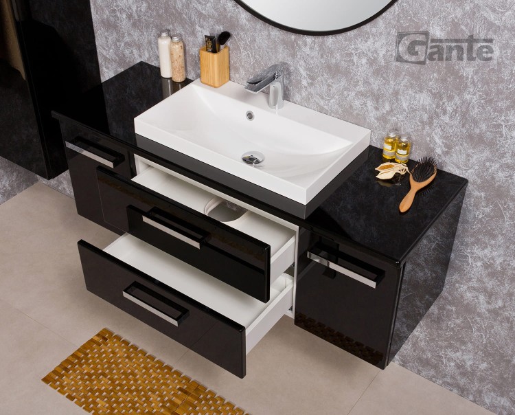 czarna błyszcząca szafka do łazienki z blatem i niska umywalka nablatową kolekcja Fokus od Gante
