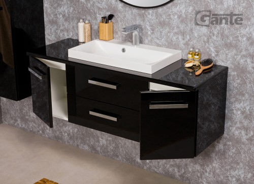 czarna błyszcząca szafka do łazienki z blatem i niska umywalka nablatową kolekcja Fokus od Gante