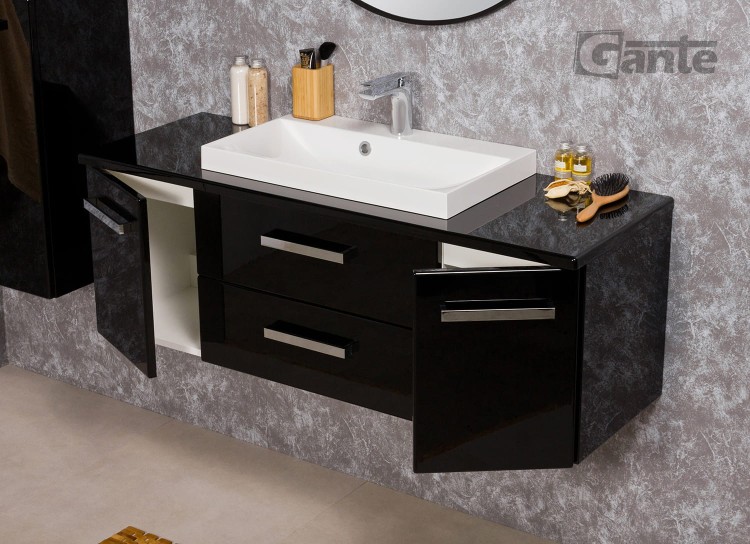 czarna błyszcząca szafka do łazienki z blatem i niska umywalka nablatową kolekcja Fokus od Gante