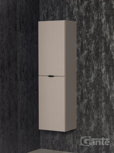 wiszący regał do łazienki z koszem na bieliznę kolor beżowy fume mat lamele na froncie