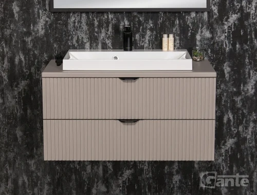 szafka do łazienki z blatem 80 cm i umywalka nablatową kolor beżowy fume mat 2 szuflady fronty z lamelami kolekcja victa lamello (3).webp
