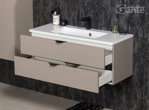 szafka do łazienki z umywalką 100 cm kolor szafki beżowy fume mat 2 szuflady fronty z lamelami kolekcja victa lamello