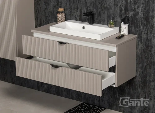 szafka do łazienki z blatem 100 cm i biała umywalka nablatowa kolor szafki beżowy fume mat 2 szuflady fronty z lamelami kolekcja victa lamello (5).webp