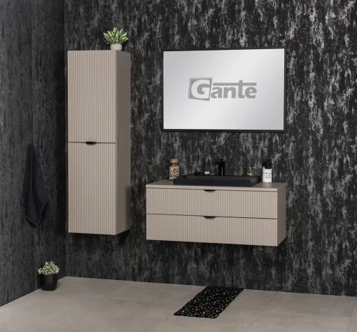 szafka do łazienki z blatem 100 cm i czarna umywalka nablatowa kolor szafki beżowy fume mat 2 szuflady fronty z lamelami kolekcja victa lamello (2).webp