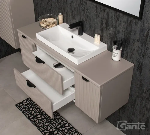 wygodna szafka do łazienki z blatem 120 cm i umywalka nablatowa 2 szuflady kolor beżowy fume mat kolekcja Victa lamello