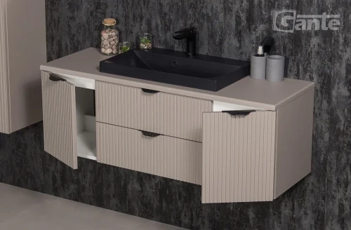 wygodna szafka do łazienki z blatem 120 cm i  czarna umywalka nablatowa 2 szuflady kolor beżowy fume mat kolekcja Victa lamello (5).webp