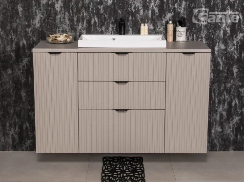 pojemna szafka do łazienki z blatem 120 cm i umywalka nablatowa 3 szuflady kolor beżowy fume mat kolekcja Victa lamello