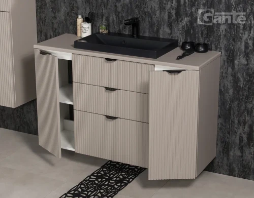 pojemna szafka do łazienki z blatem 120 cm i  czarna umywalka nablatowa 3 szuflady kolor beżowy fume mat kolekcja Victa lamello (5).webp