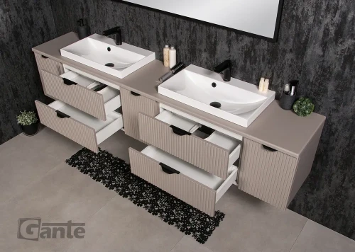 2 metrowa szafka do łazienki z blatem na 2 umywalki nablatowe kolor bez fume mat lamele na froncie (4).webp